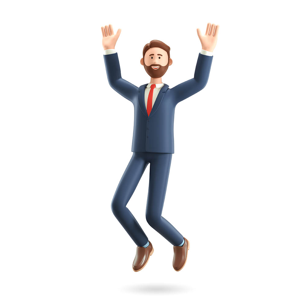 Happy smiling businessman jumping celebrating success. 3D illustration of  cartoon winning male character with his hands in the air, isolated on white  background. - Idem Translations